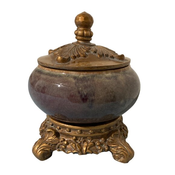 Purple Ceramic And Gold Tone Accents Decorative Bowl Container With Lid - Picture 2 of 9